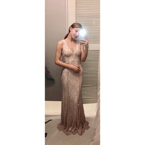 Morgan & Co. Scalloped Glitter Lace Gown